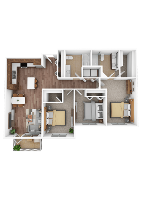 Floor plan for 3 beds, 2 baths, 1164 sqft